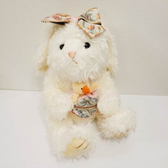 Vtg Commenwealth White Bunny Rabbit Tapestry Bow Baby Chick Pouch Plush Toy - Picture 1 of 5